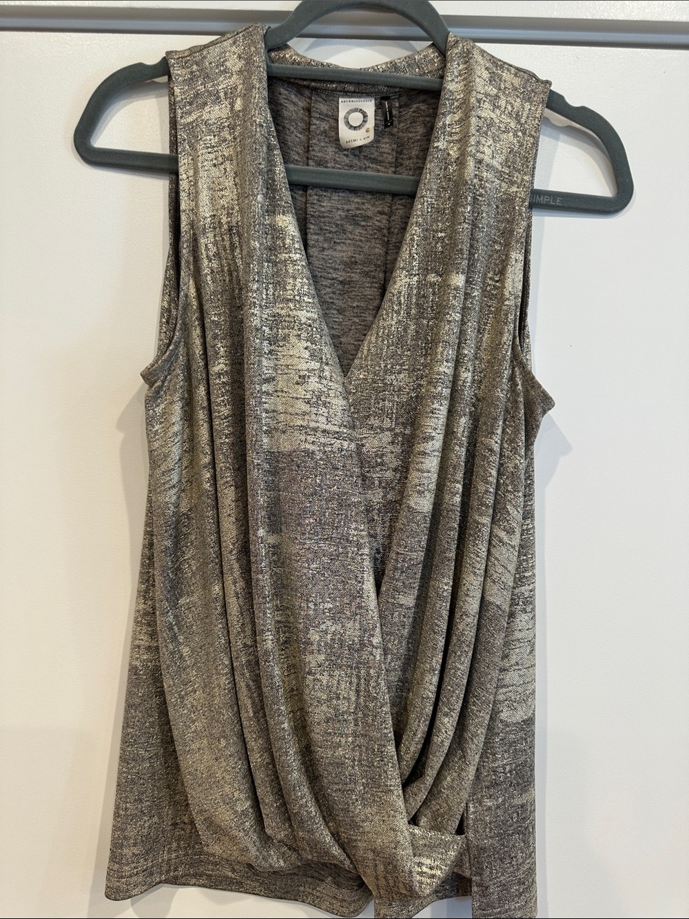 Anthropologie Metallic Gray Draped V-Neck Tank